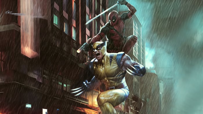 Deadpool and Wolverine in a city during a rainstorm