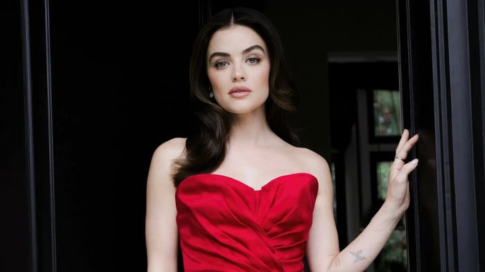 Lucy Hale in a red dress