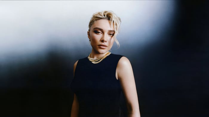 Florence Pugh in Black Dress with Necklaces