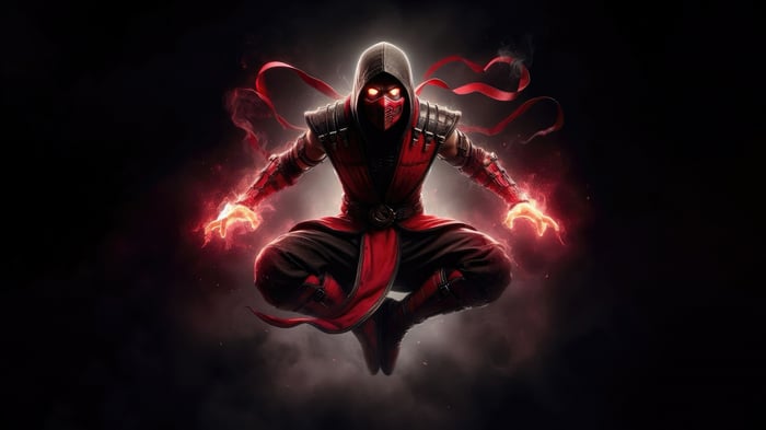 Scorpion from Mortal Kombat with glowing eyes and hands