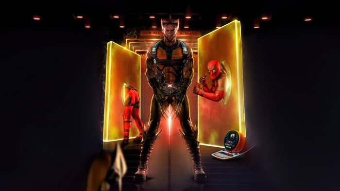 Deadpool and Wolverine Collide in a Sci-Fi Setting
