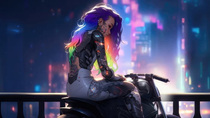 Cyberpunk Woman with Rainbow Hair on Motorcycle
