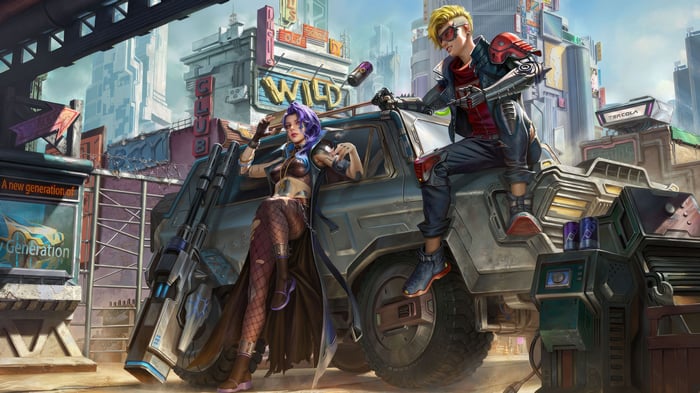Cyber Rebellion characters with a futuristic vehicle