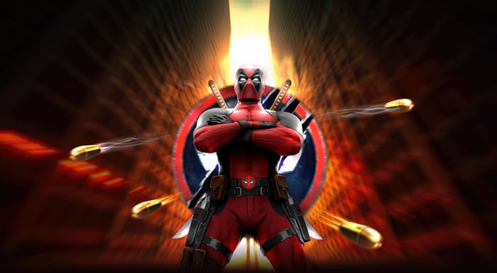 Deadpool with bullets flying around him