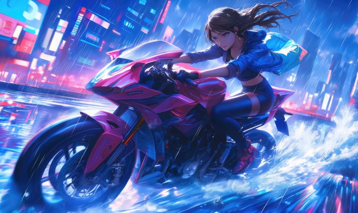 Girl riding a pink motorcycle in the rain