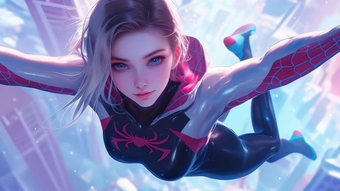 Gwen Stacy Flying Through a City