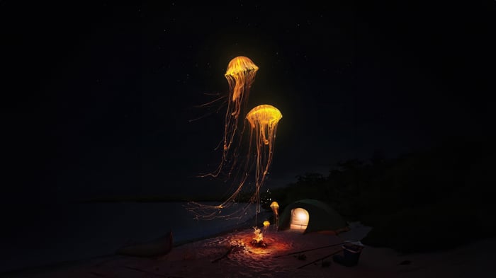 Glowing Jellyfish Over a Campsite by the Water
