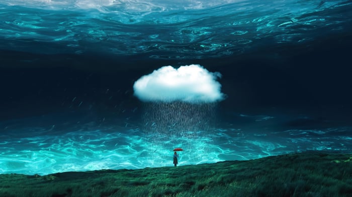 A cloud rains on a girl with an umbrella in the ocean