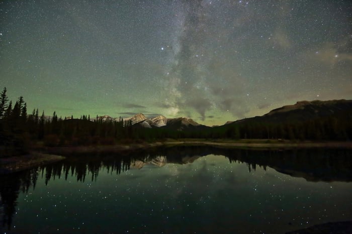 Aurora Borealis over mountains and lake
