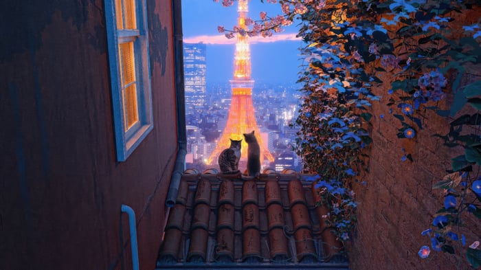 Cats on a rooftop overlooking Tokyo Tower at night