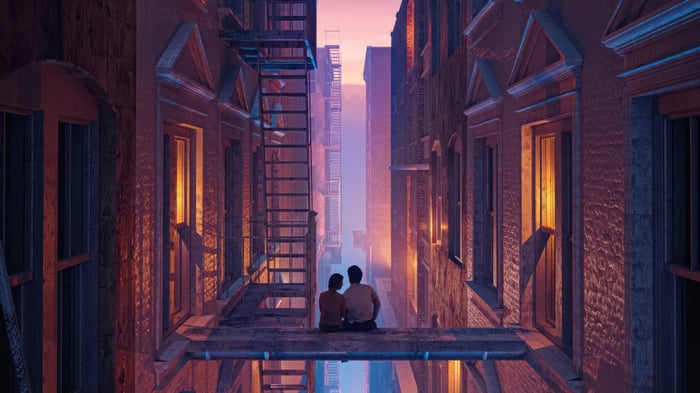 Couple Sitting on Fire Escape Overlooking City Alley