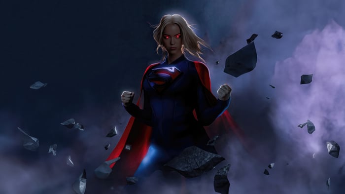 Supergirl with red eyes and debris