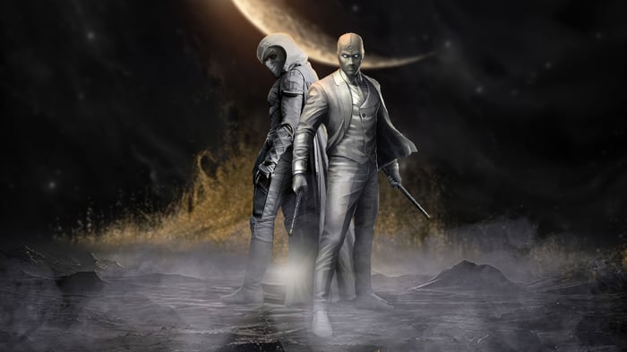 Moon Knight and Mr. Knight in a dark landscape