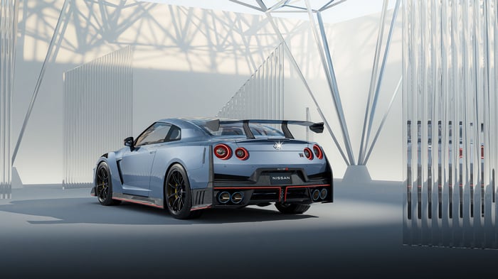 Nissan GT-R Nismo car in a modern showroom