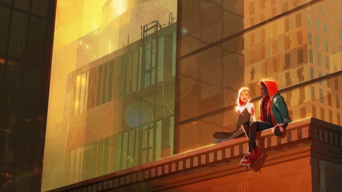 Miles and Gwen sitting on a rooftop