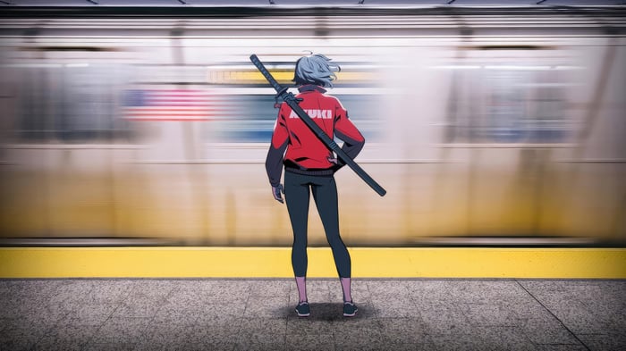 Azuki character with a sword on a subway platform