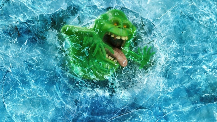 Slimer frozen in ice