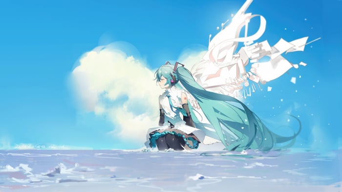 Hatsune Miku in a white dress by the water
