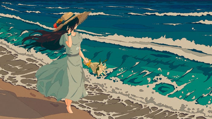 Anime girl walking on beach with flowers