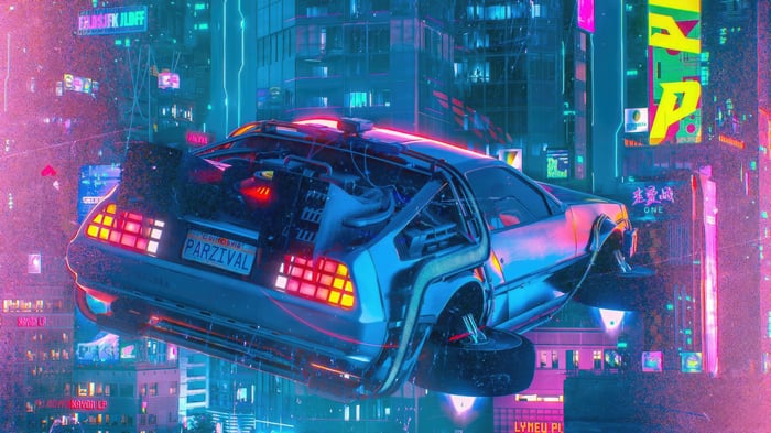 Delorean flying through a neon cyberpunk city