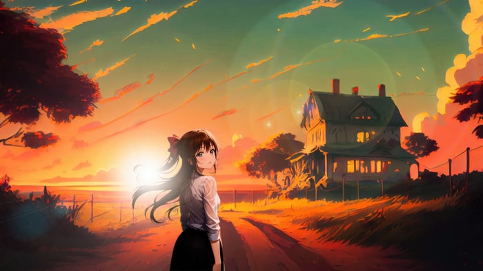 Adorable Anime Girl in a Sunset Landscape