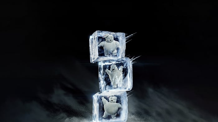 Stay Puft Marshmallow Man frozen in ice cubes