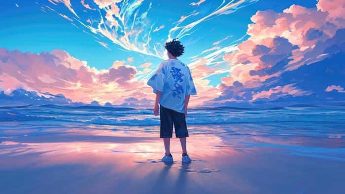 Boy on Beach Watching Sunset Clouds
