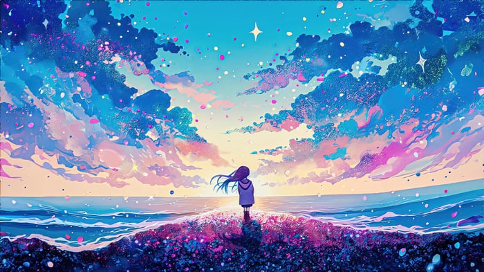 Girl watching a starry sky over the ocean