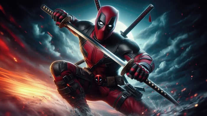 Deadpool with Katanas in Fiery Chaos