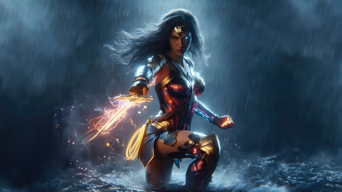 Wonder Woman with Sword and Lasso in Rain