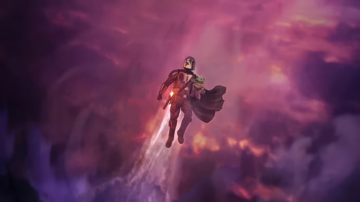 The Mandalorian and Grogu Flying Through Clouds