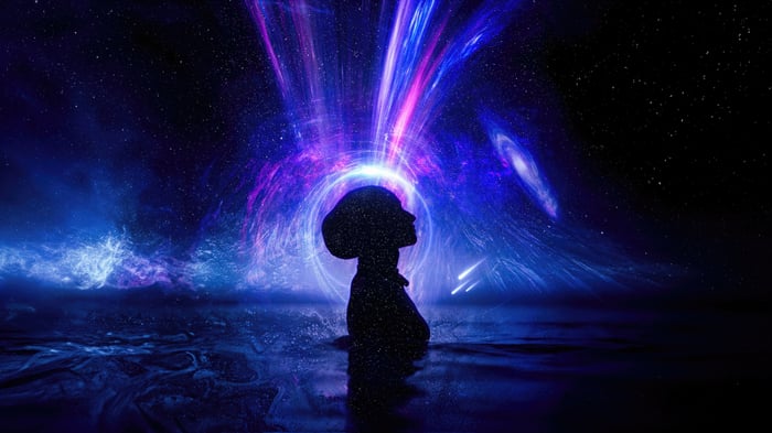 Silhouette of a person under cosmic energy