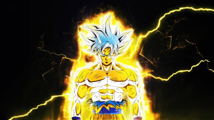 Goku in Ultra Instinct form with yellow aura