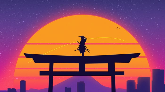 Samurai Warrior on Torii Gate at Sunset