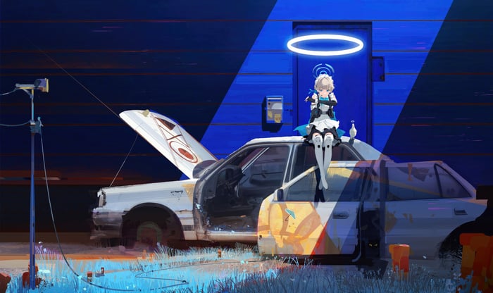 Anime Angel Girl Sitting on a Broken Car
