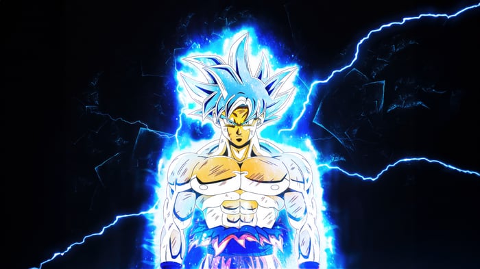 Goku in Ultra Instinct form with blue aura and lightning