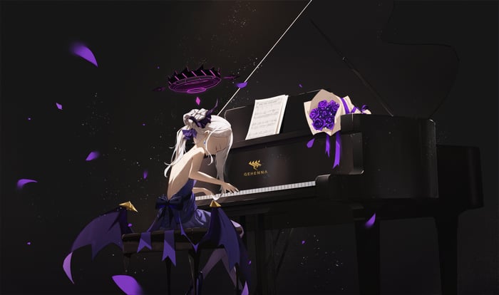 Sorasaki Hina plays piano with purple petals falling