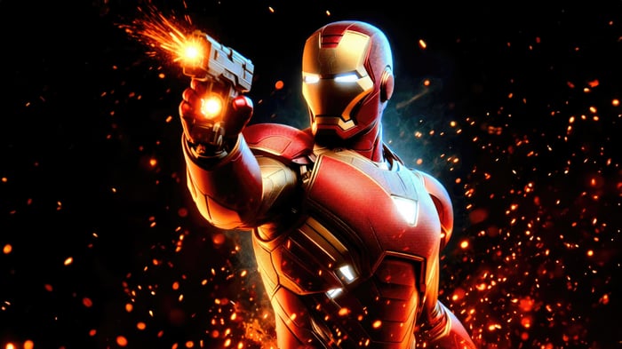 Iron Man firing a weapon with sparks