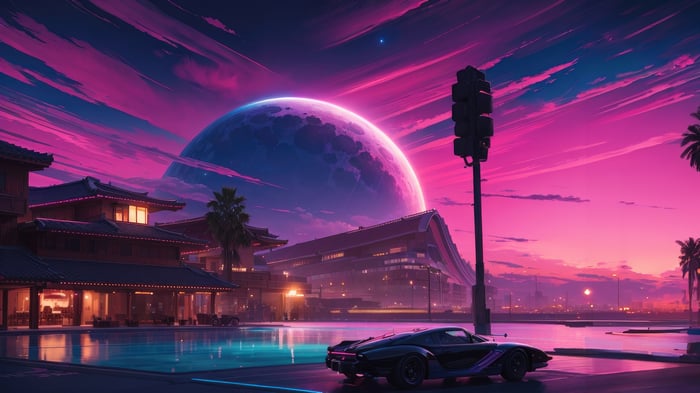 Cyberpunk Cityscape with Giant Moon and Sports Car