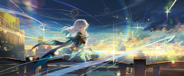 Firefly in Honkai Star Rail overlooking a city at sunset
