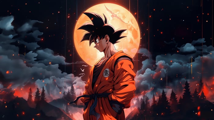 Goku in front of a large orange moon