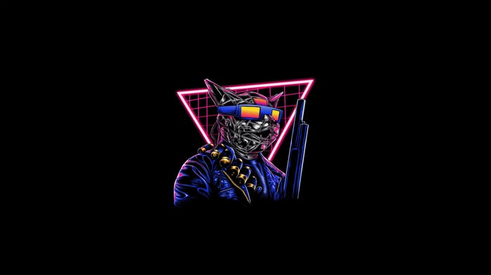 Cyberpunk Cat with Shotgun and Neon Triangle