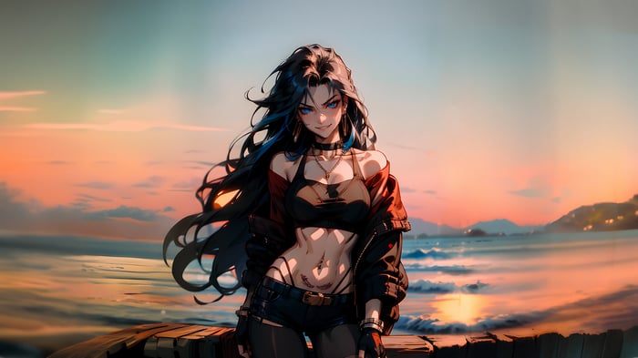 Anime girl with blue eyes at sunset