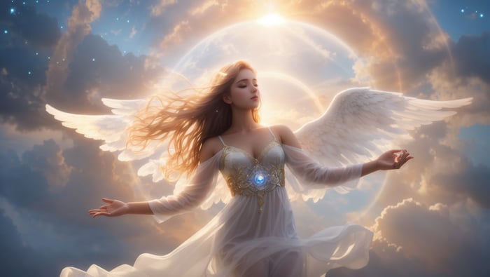 Angel with White Wings in a Cloudy Sky