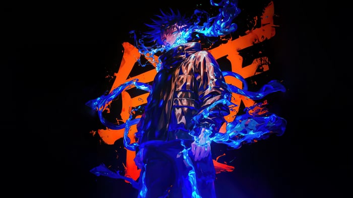Dabi surrounded by blue flames and orange kanji