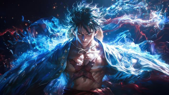 Monkey D. Luffy in a powerful stance with blue energy