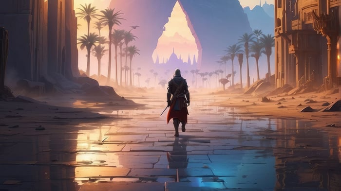 Assassin's Creed Legends desert landscape with warrior