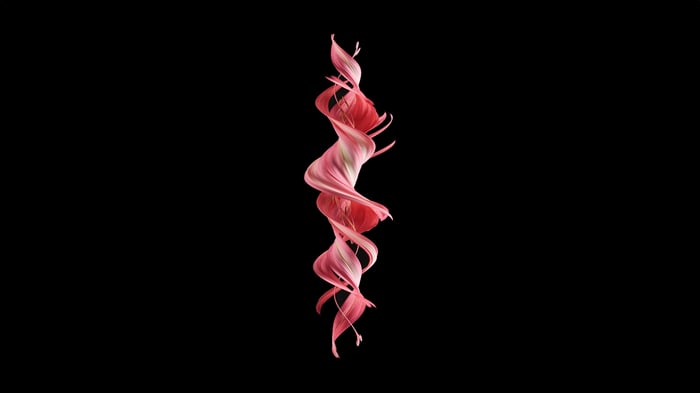 Red and white swirl on black background