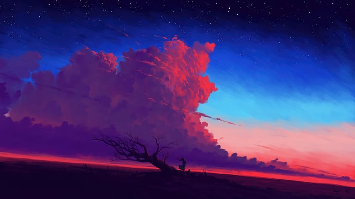 Girl and Tree Under Dramatic Evening Sky