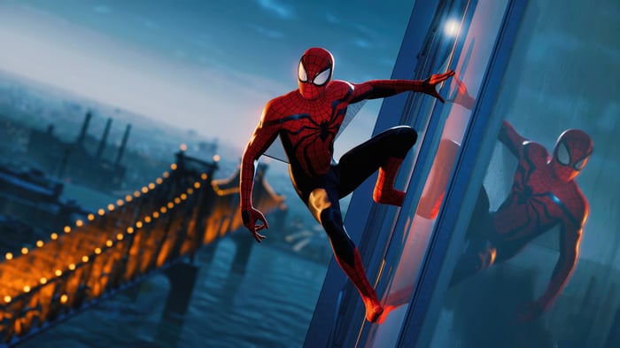 Spider-Man climbing a building in Marvel's Spider-Man 2
